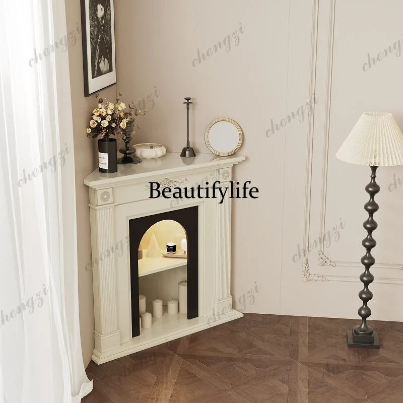 French Cream Wind Solid Wood Corner Fireplace Cabinet Decorative Cabinet American Living Room Corner Side Cabinet Entry Entrance
