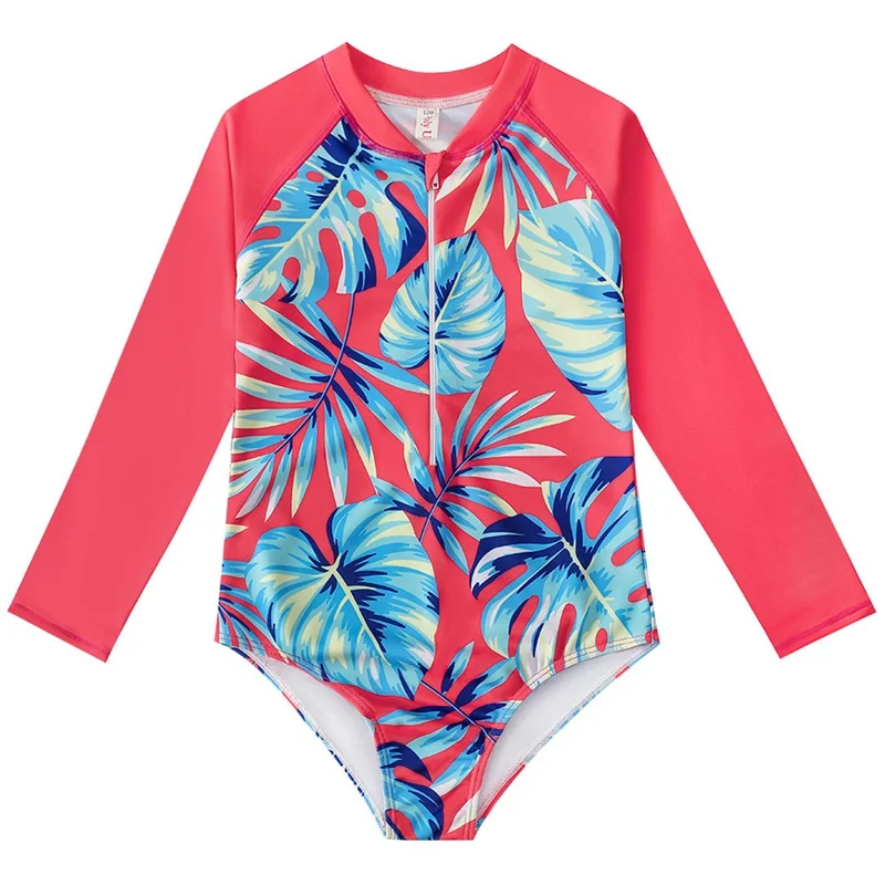 Costume da bagno intero a maniche lunghe per ragazze Sweet Cartoon Print Zipper body Swimwear protezione solare abbigliamento da spiaggia per 5-12