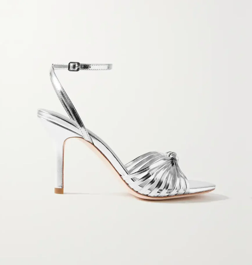 

Sliver Stiletto 75mm Heels Cross Straps Peep Toe Mirrrored-leather Sandals