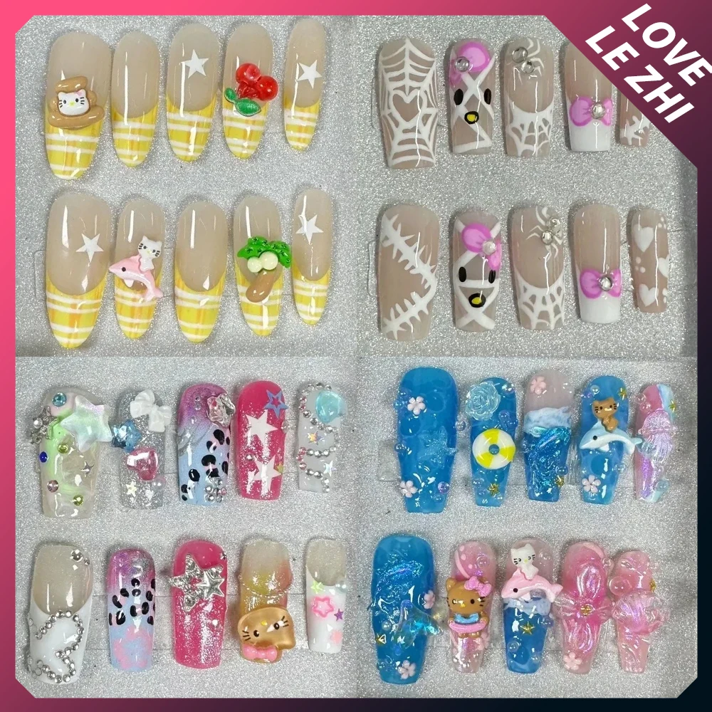 

Sanrios False Nail Kawaii Hello Kitty Anime Y2K Wearing Fake Nail Art Sweet Spicy Girl Long Coffin 3D Handmade Press On Nails