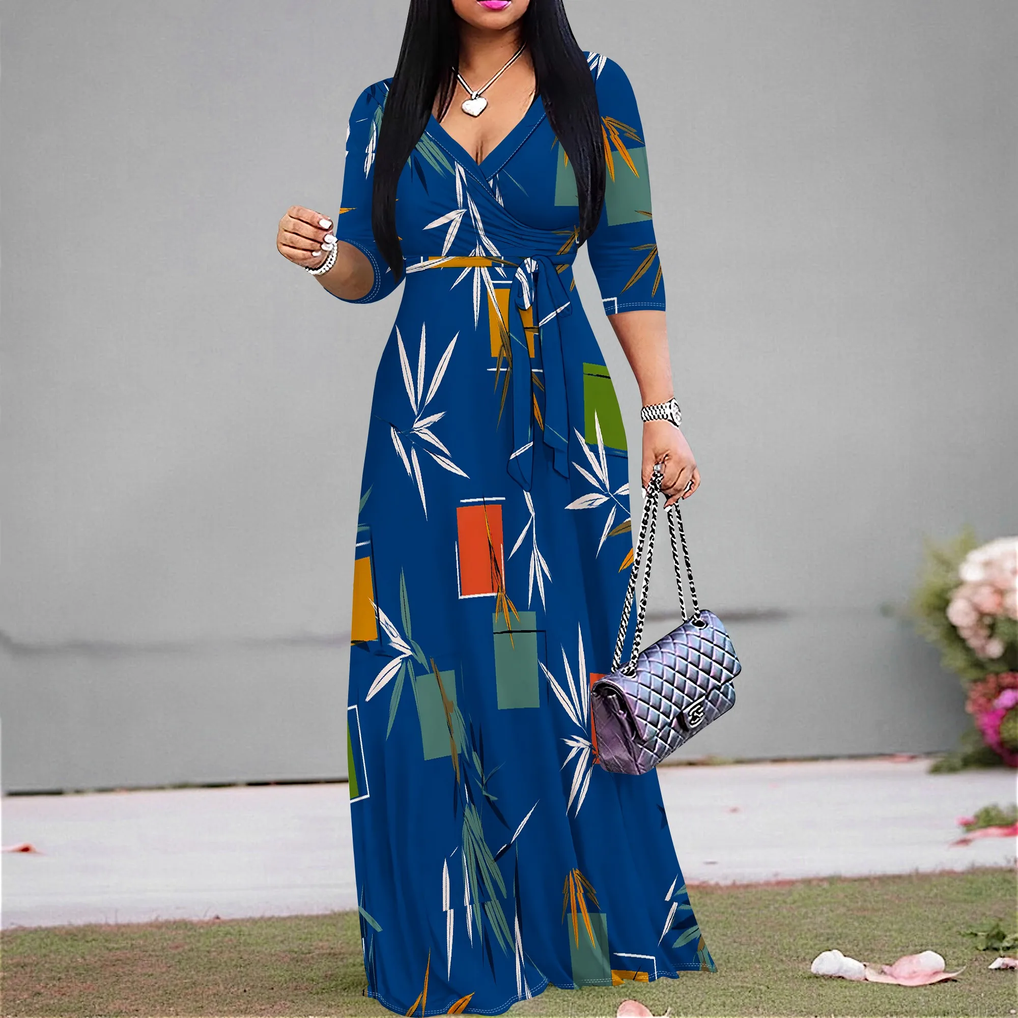 

Elegant V-Neck Wrap Maxi Dress for Women 3/4 Sleeve Tie Waist Blue Abstract Leaf Print Long Party Dresses