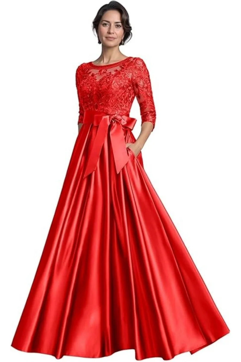 Abiti per la madre della sposa per matrimonio Abito da sera lungo con applicazioni in pizzo di raso con maniche a 3/4 e tasche Abito da ballo con scollo tondo