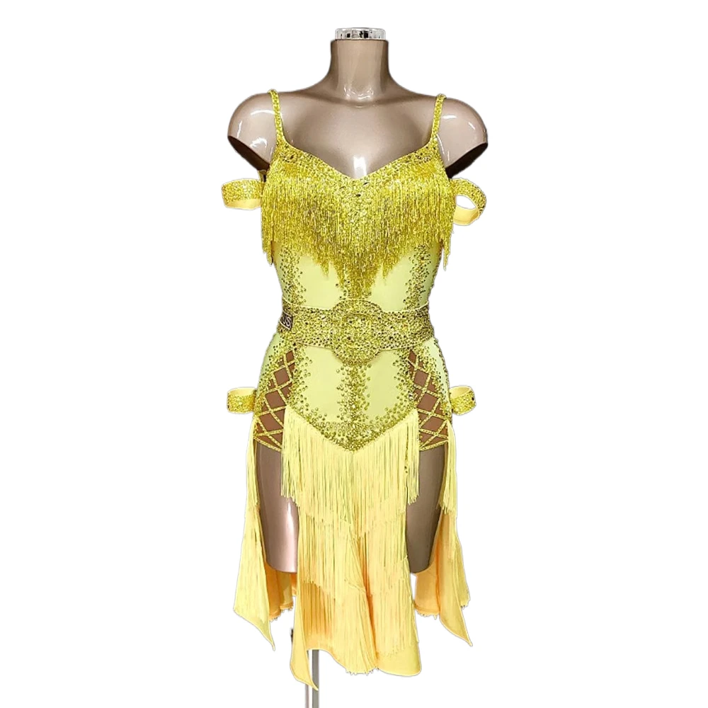 

Latin Dance Dress High-end Custom Yellow Diamond Suspender Tassel Skirt Samba Tango Women's Stage Professional Clothing