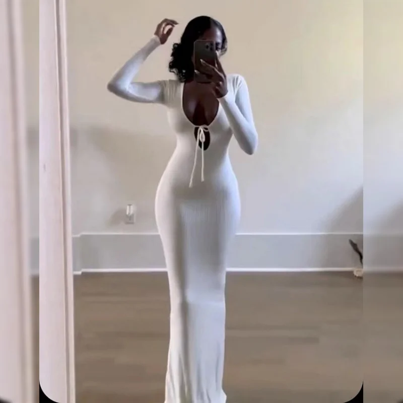 

European and American Sexy DeepVOne-Step Dress Kardashian Solid Color Slim Fit Off-Shoulder Long Bodycon Dress for Women Cross-B