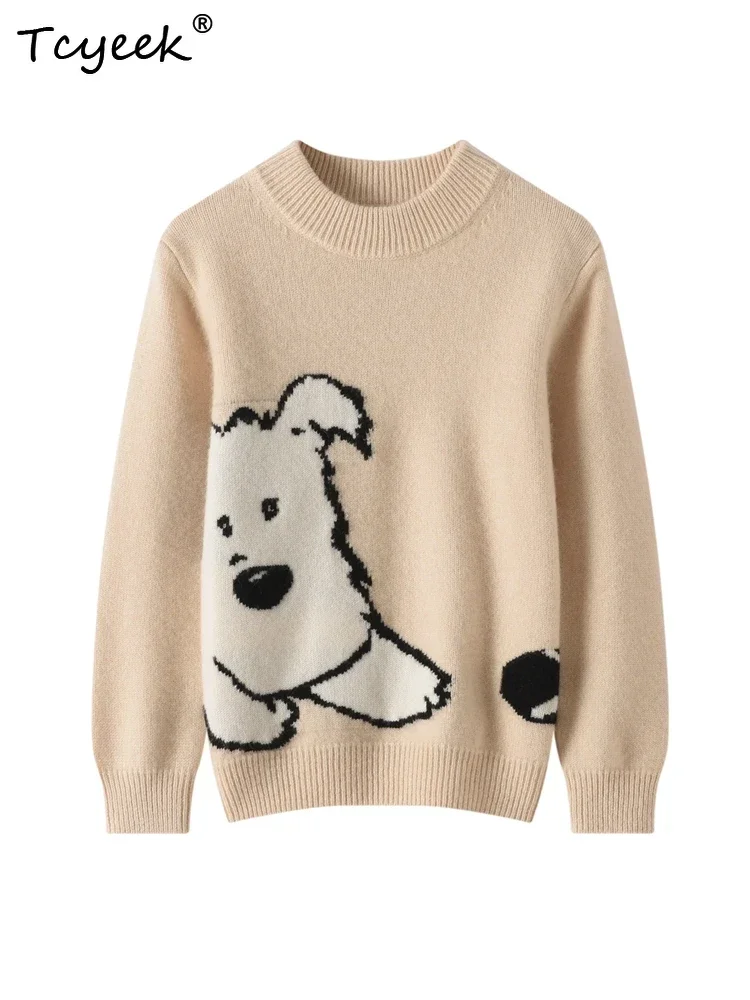 Cute Kids Sweater Pullover 100% Cashmere Children Clothing Autumn Winter Boys Girls Sweater Warm Thicked Mock Neck Side Dog Knit