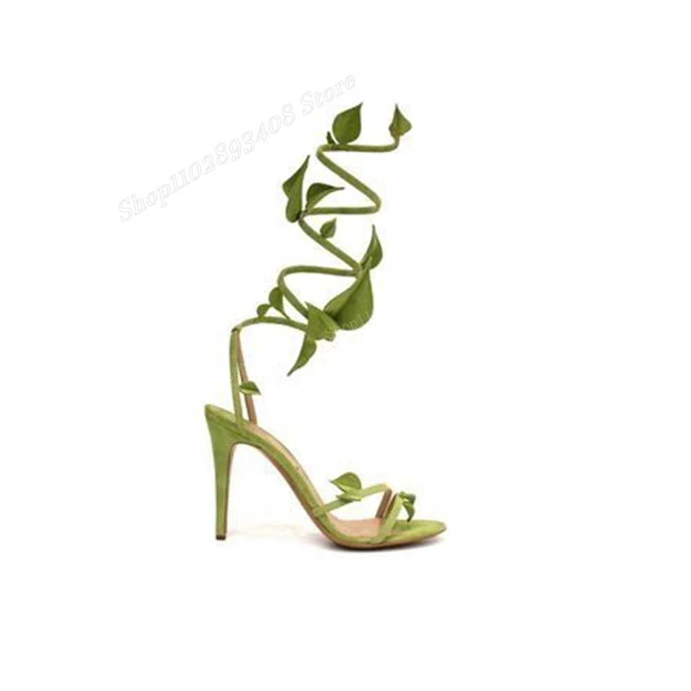 

Green Leaves Design Twine Sandals Hollow New Design Stiletto High Heel Fashion Women Shoes 2024 Spring Zapatos Para Mujere