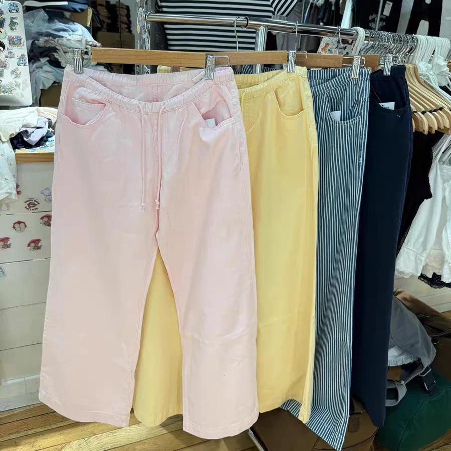 

Brandy Melville American Sle Women's Casual Sports Pants Loose Fit Straight Leg Dstring Elastic Waist Cotton Trousers