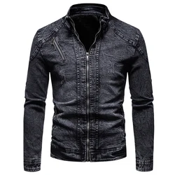 Chaqueta de mezclilla azul para hombre, chaqueta de motocicleta, chaquetas ajustadas, abrigo de mezclilla informal a la moda, cuello levantado, primavera y otoño