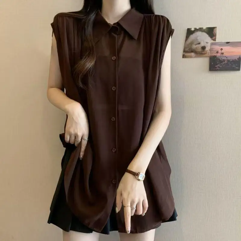 Sleeveless Thin Loose Solid Temperament Blouse Summer New Polo Neck Elegant Simplicity Shirt Tops Fashion Korean Women Clothing