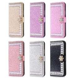 Luxury Bling Rhinestone Pearl Shiny Card Slot Wallet Flip Leather Case For iphone 17 16 Pro 15 14 13 12 11 Pro Max