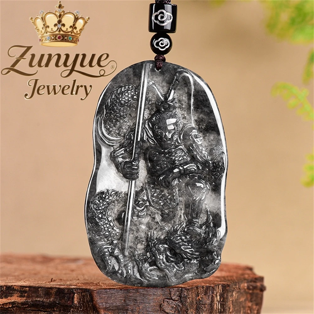 

Natural A-Grade Jadeite Black Chicken Powerful Black Mythological Wukong And The Great Sage Equal To Heaven Jade Pendant