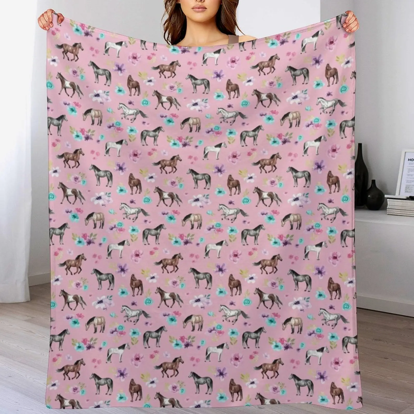 

Horses and Flowers on Pink, Equestrian Art, Horse Decor, Cowgirl, Horse Pattern Throw Blanket Quilt Plush Blankets