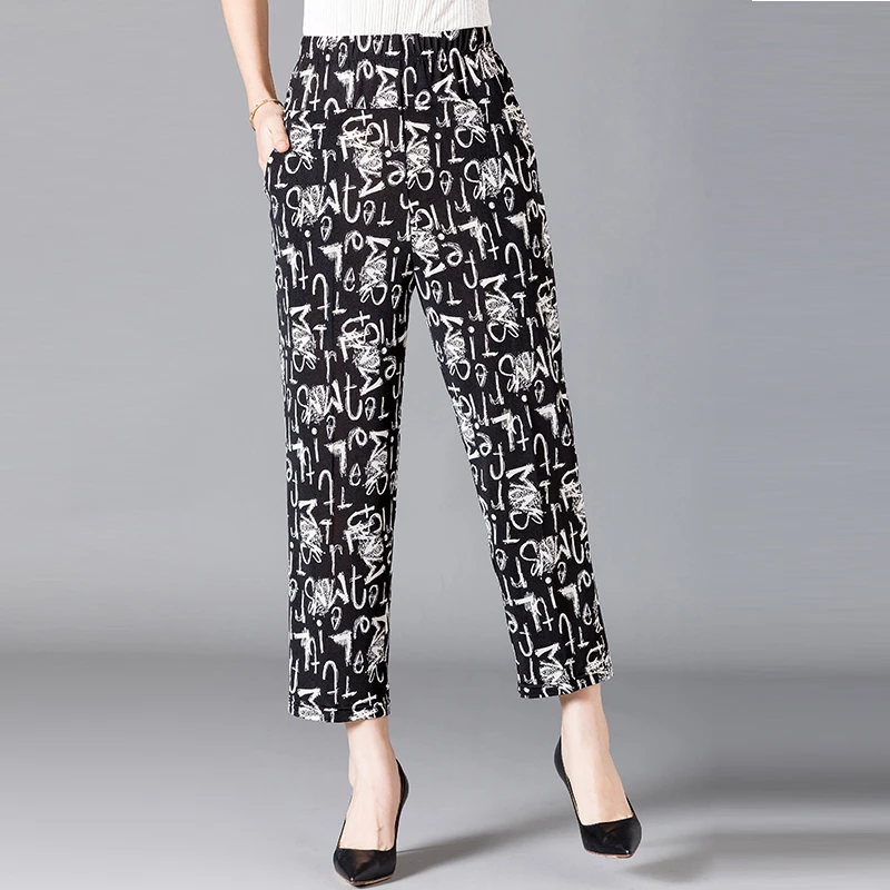 XL-8XL Plus Size Women Harem Pants Casual Elastic High Waist Pants Print Middle Aged Women Loose Straight Pants Mom Trousers