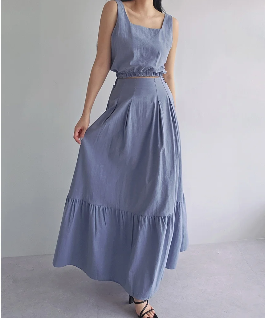 

Женский жилет-комплект, топ с застежкой на талии, юбка-миди с рюшами и подолом, модный летний наряд из смеси хлопка, повседневный шик