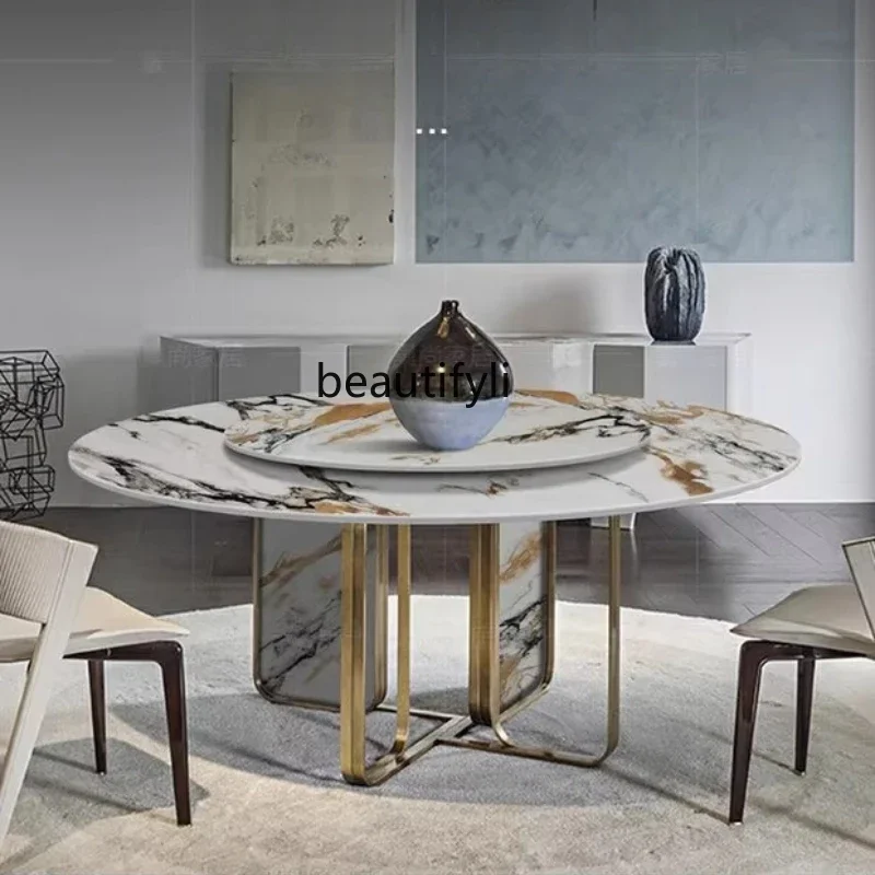 

Italian rock slab dining table light luxury round table with turntable all marble dining table and chair combination2936