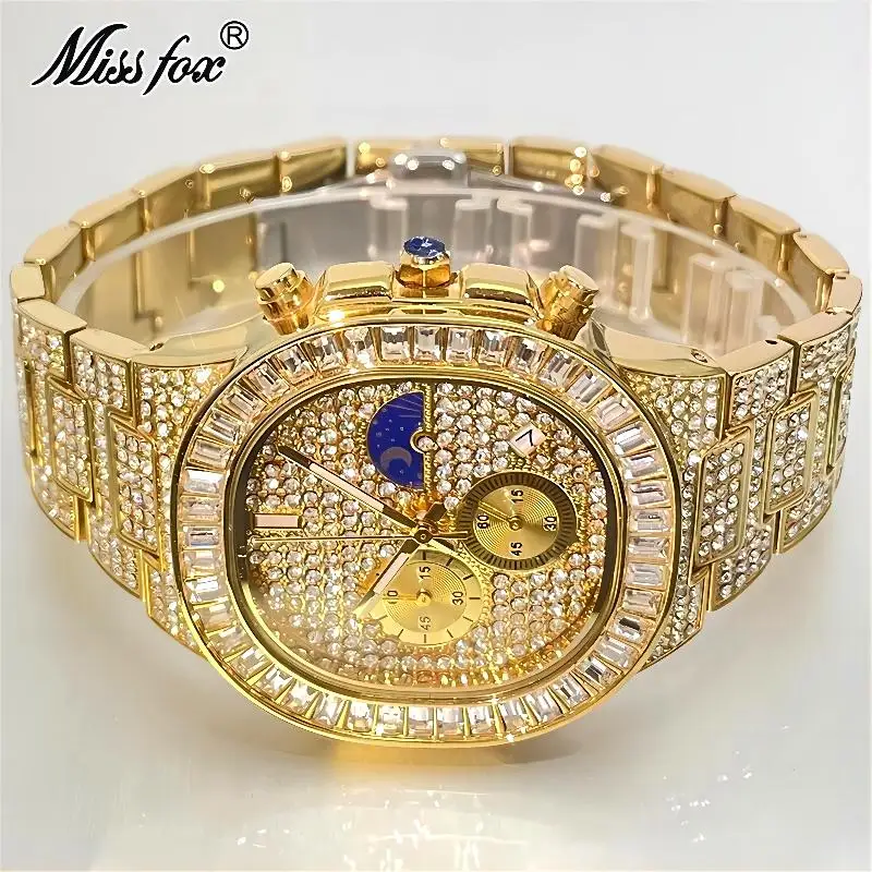 MISSFOX Luxury Gold Watches Men Fashion Iced Out Quartz WristWatches Hip Hop Square Diamond Moon Phase Clocks Reloj Dropshipping