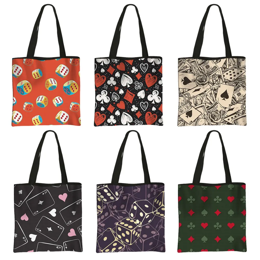 Playing Cards Print Tote Bag Dice Pattern Women Shopping Bag Card Suits Handbag Handbag Shoulder Bag Book Bag Shopper Bag