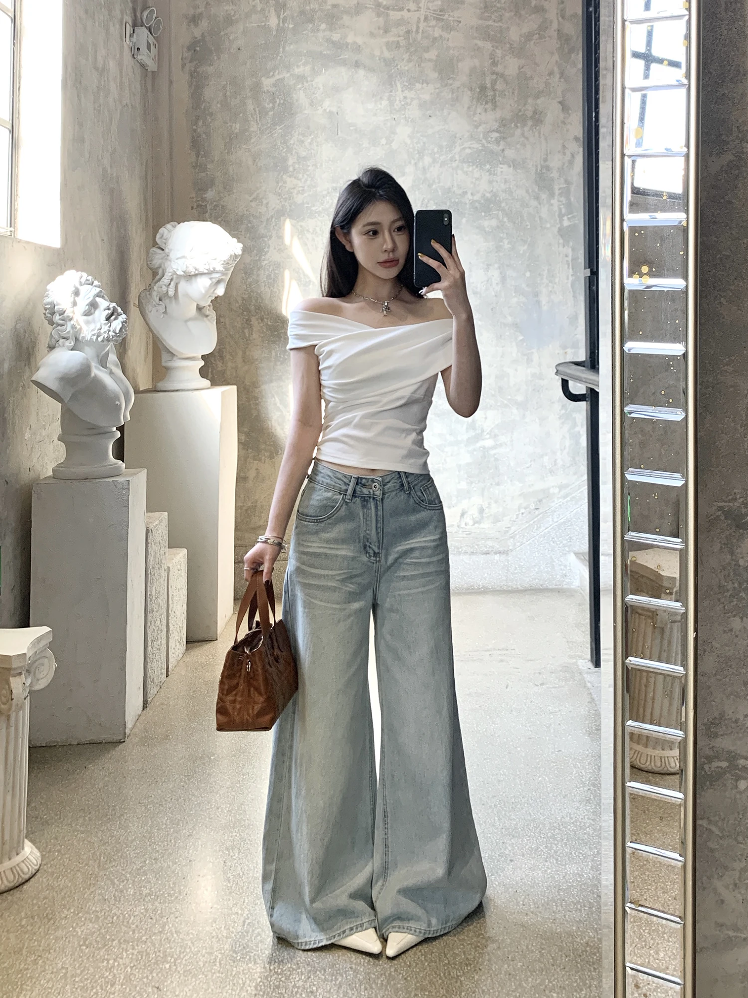 

Retro Washed Grey Wide Leg Jeans Women's Casual Slimming Floor-Length Straight Leg Pants Withmxboom Ladies Denim Trousers