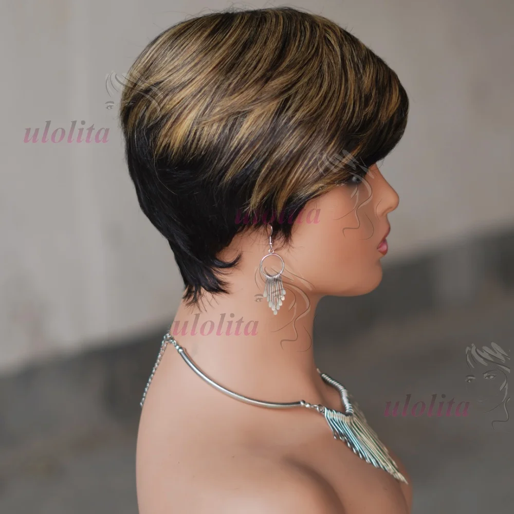 Kurze Echthaarperücke, vollständig maschinell gefertigte Perücke, gerade Pixie-Cut-Perücke aus Echthaar für Frauen, kurze Bob-Perücken mit Pony, Haarschnitt-Perücken – Detail 10