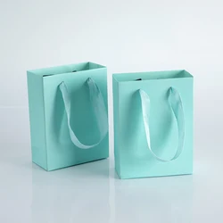 10Pack Bulk Blue White Gift Paper Bags with Ribbon Rope Kraft Handle Shopping Paper Bag 14x7x15cm Fast Food Take Away Packaging