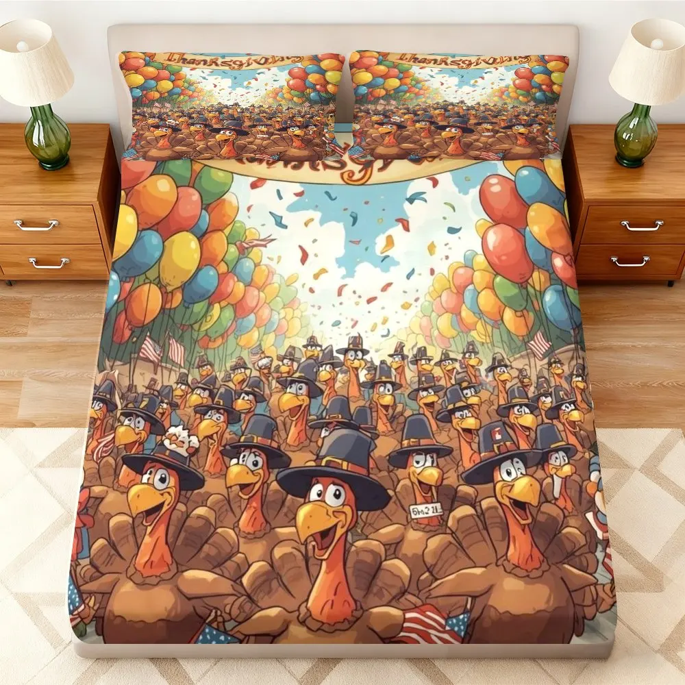 3-Piece Mattress Protector Set for Thanksgiving Parade, Thanksgiving-Themed Mattress Cover, Printed Fitted Sheet and Pillowcase, Mattress Protector, Stain-Resistant, Suitable for All Seasons, Machine Washable, Easy to Care For, Universal for Home Bedrooms, Essential for Dorms and Rentals, Master Bedroom and Guest Room Decoration, Dust-Proof and Stain-Resistant, High Elasticity, Fits Various Sizes