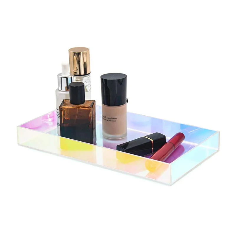 

Iridescent Acrylic Decorative Tray Thin Jewelry Perfume Makeup Storage Organizer Dresser Tray For Bathroom Vanity Serving Living