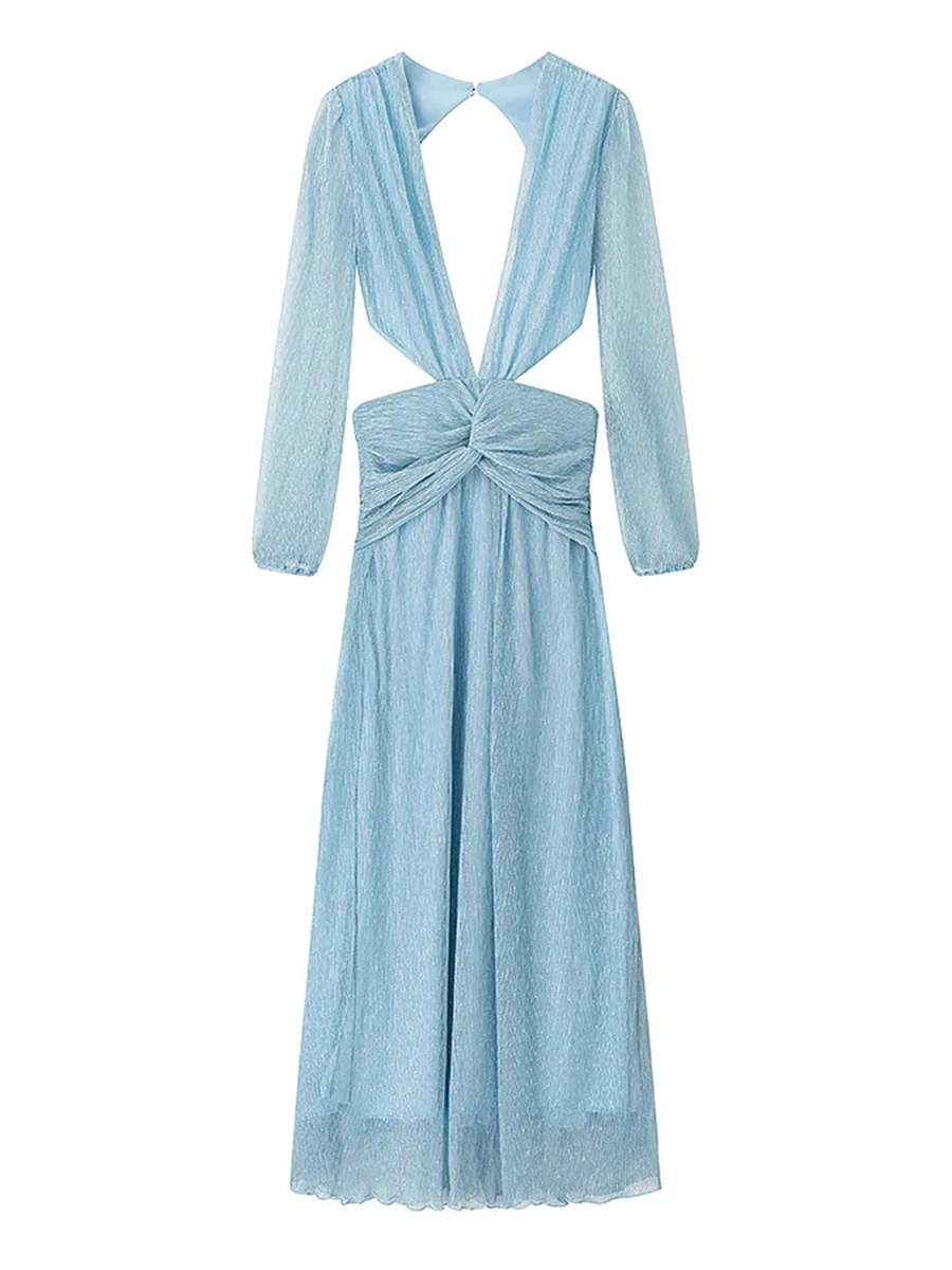 TWOTWINSTYLE مثير الصلبة الصيف فساتين حريمي الرقبة العميقة طويلة الأكمام الجوف خارج تصميم فاخر مساء فستان طويل أنثى جديد #3