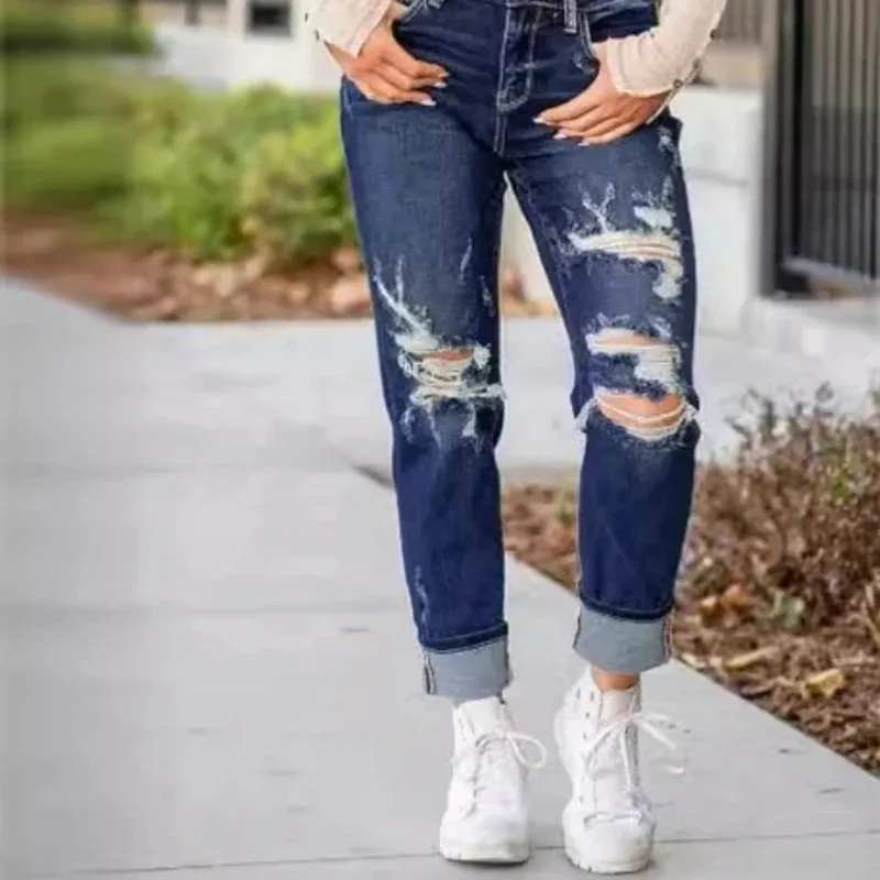 

Women's Distressed High Waist Skinny Jeans Straight Leg Long Trousers Pencil Pants Mid-Length Low Waist Denim Cotton
