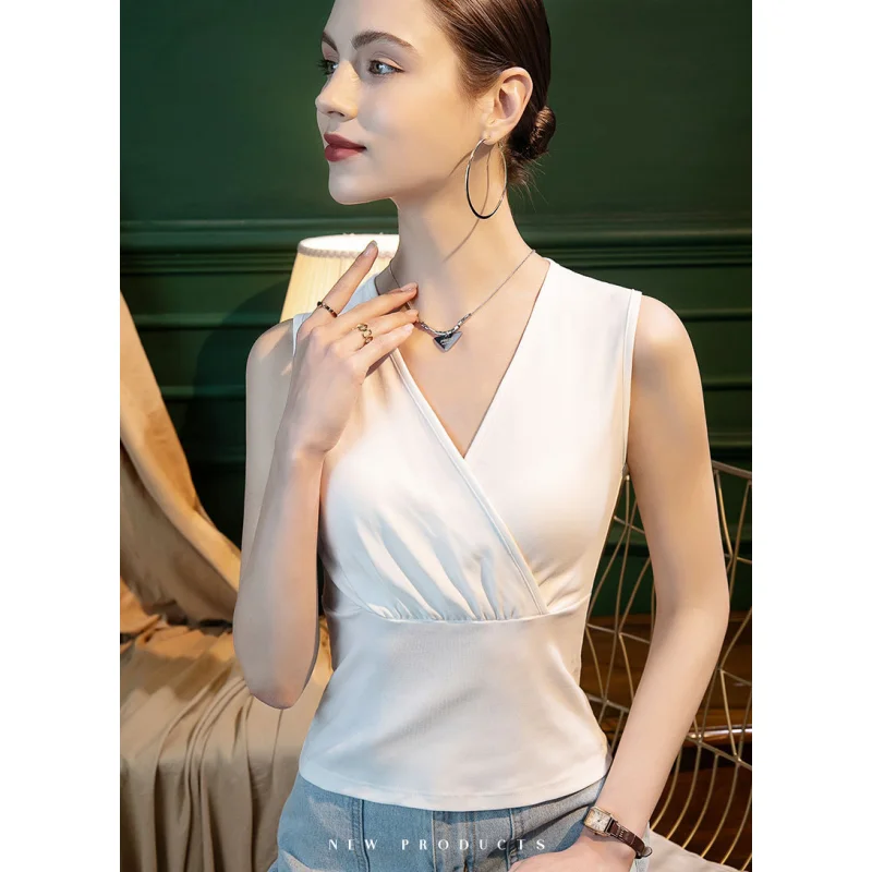 Korean Edition Women Pure Cotton V-Neck Sleeveless T-shirt  Slim Fit Spring/Summer Sexable Inner Wear Tank Tops Outwear Shirt