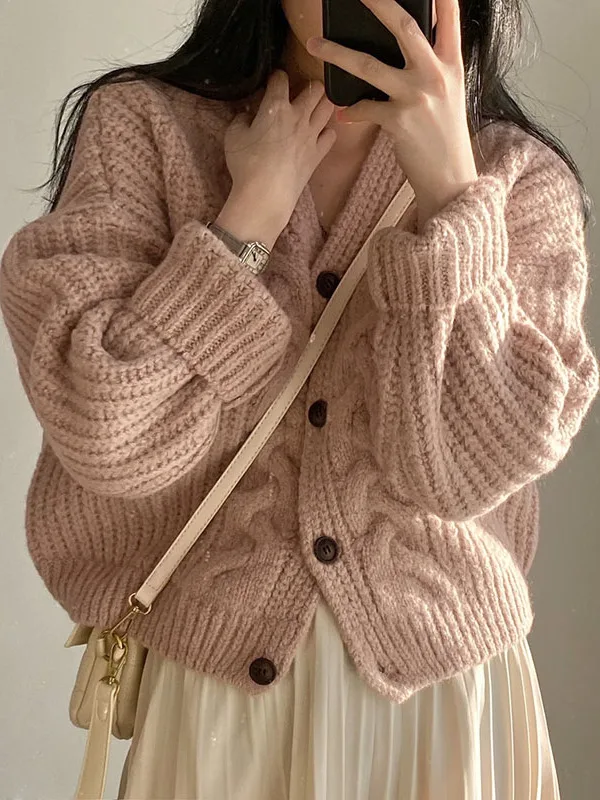 Pink Twist V-Neck Sweater Cardigan Women's Loose Short Style Spring Autumn Knitted Outerwear Soft Cozy Casual Knitwear