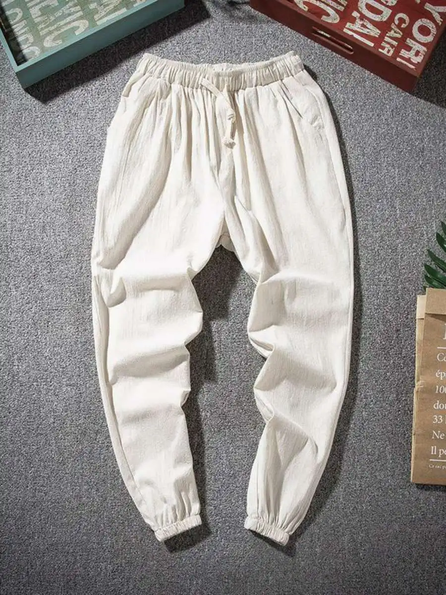 

Spring Summer Men's Casual Loose Fit Linen Pants Elastic Straight Leg High Waist Lightweight Comfortable Breathable