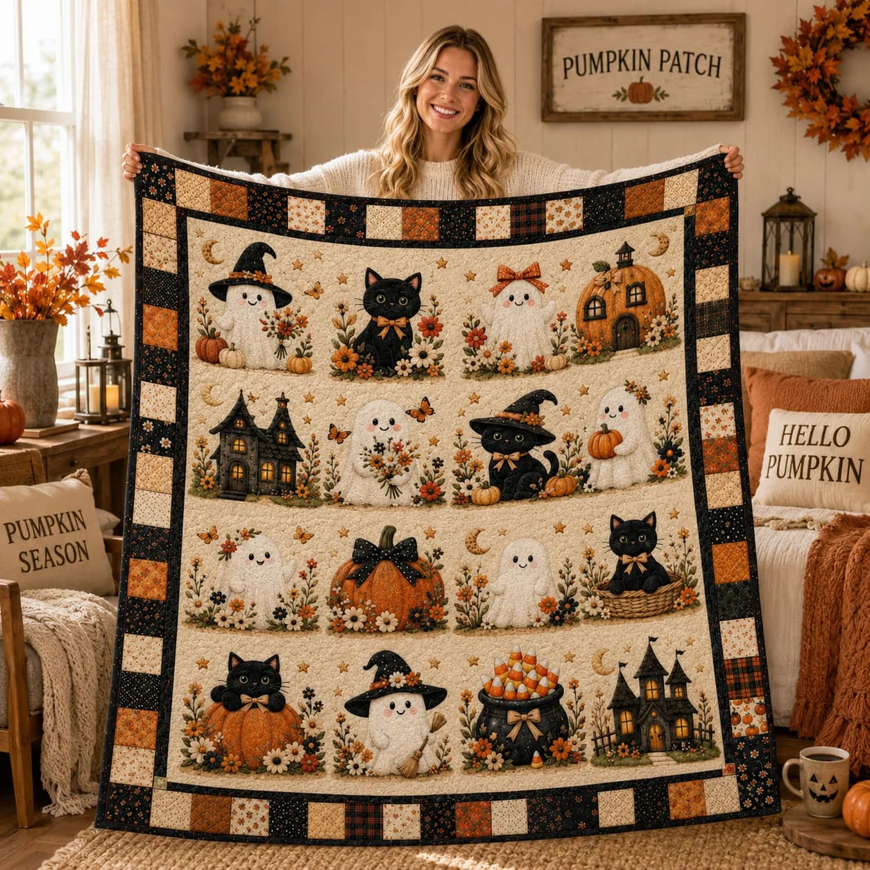 Halloween Quilt Blanket with Cute Black Cats, Pumpkins, Ghost, Witch Hat, Moon and Candles, Cozy Autumn Throw for Bed Sofa Room Decor
