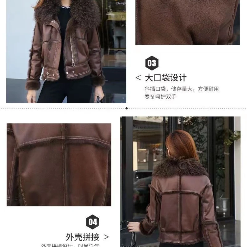 2023 New Leather Rabbit Fur One Thick Female Coat Lamb Collar Slim-fit Leather Fur Overcoat Women Outwear Women Winter Jacket