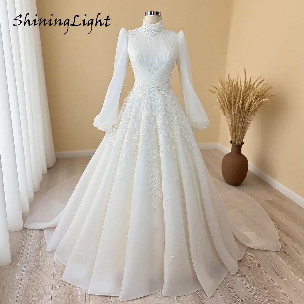 

ShiningLight Appliques Ball Gown Wedding Dresses for Woman Long Sleeves A-Line Muslim Bridal Gowns Robe De Mariée Customized