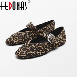 FEDONAS Size 34-43 New Quality Horsehair Mary Jane Flats Shoes Buckles Casual loafers Round Toe Leopard Spring Shoes Woman