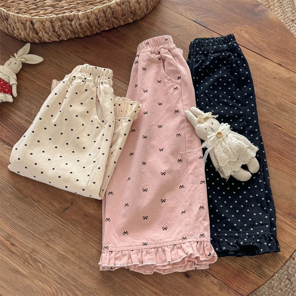 

Baby Girls Autumn Pants 2-9 Years Heart Bowknot Printed Girls Trousers Simple Elastic Waist Kids Baby Girls Straight-leg Pants
