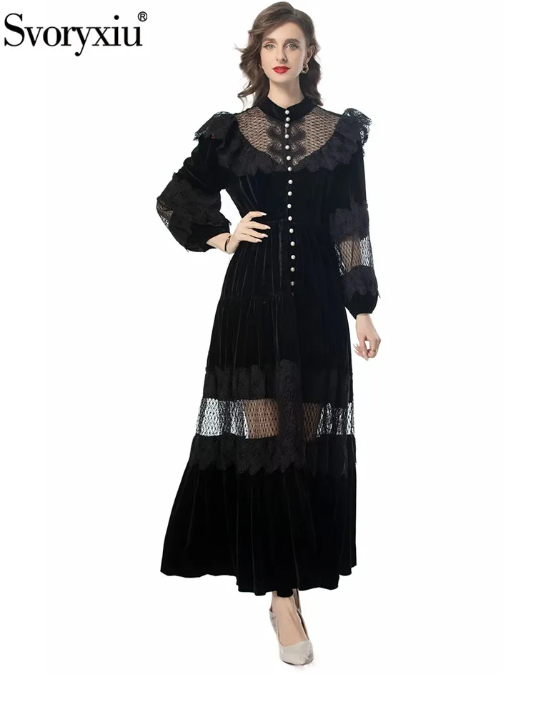 

Svoryxiu Fashion Runway Autumn Party Black Elegant Long Dress Women's Stand Collar Button Lantern Sleeve Lace Big Swing Dress