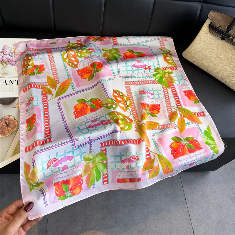 Summer Bright Color Fruits Print Small Square Scarf Women Satin Neck Tie 70cm Sandbeach Kerchief Soft Neat Ladies Neckerchief