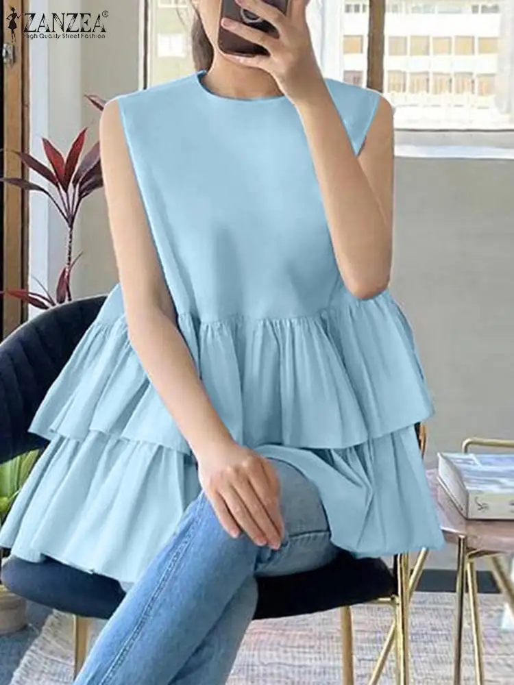 ZANZEA Holiday O-neck Tunic 2024  Women Korean Fashion Blouse Casual Sleeveless Double Layer Ruffled Tops Summer Shirts Oversize