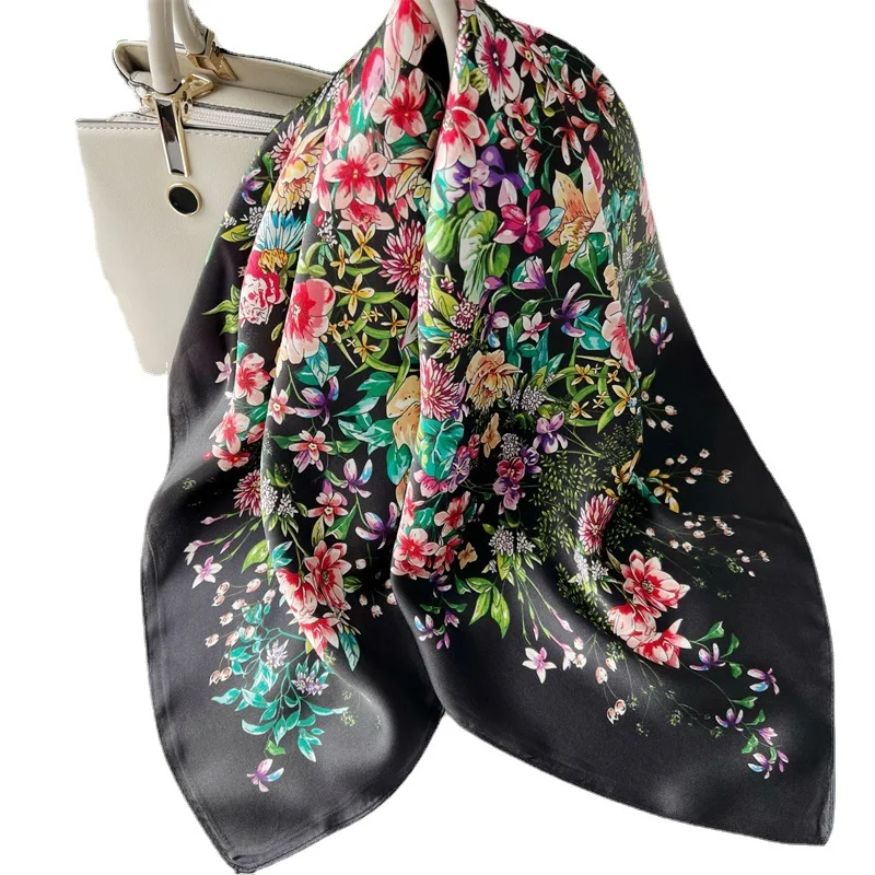 Flower Mulberry Silk Scarf Women Square Accurate Hem Bandanas Top Accessories Square Head Neck Shawls Scarves Foulard Female