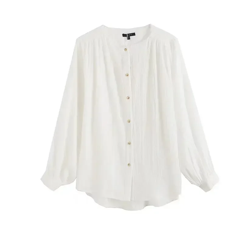 

Women's 2023 Fashion Casual Joker Loose Version With Soft Texture Vintage Long-sleeved Round Neck Button Blouse Chic Top.