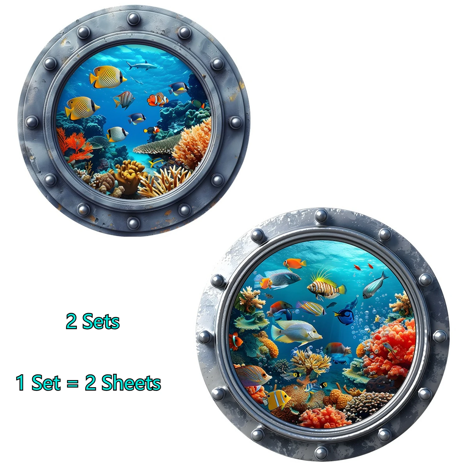 2 Sets Each Ocean Fish Porthole Toilet Decals Self Adhesive Waterproof Bathroom Decor