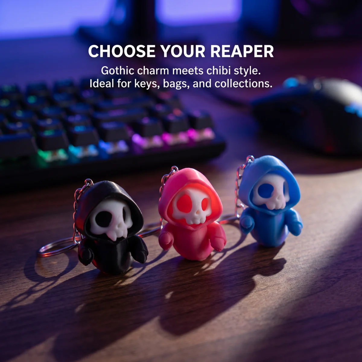 1Pc Mini 3D‑Printed Grim Reaper Ghost Skull Keychain,Eco‑Friendly PLA Colorful Gothic Charm,Unique Halloween Souvenir Accessory