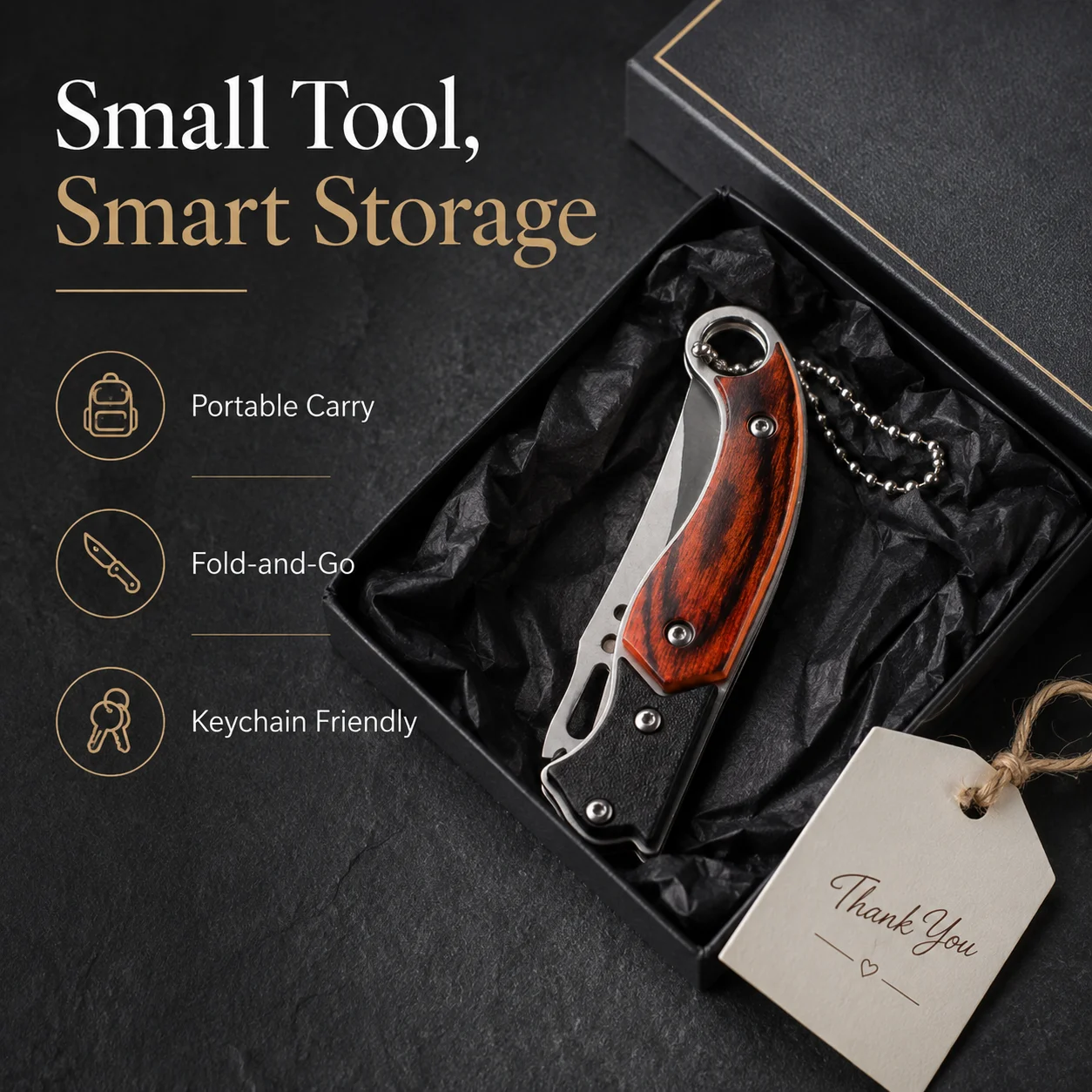 Outil utilitaire pliable portable avec manche en imitation bois, accessoire compact pour porte-clés, outil léger de poche pour le camping, les voyages, l'ouverture de colis, la préparation des fruits et le transport quotidien.