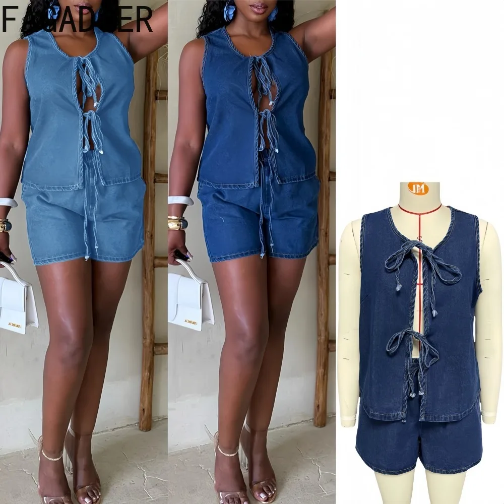 

FAGADOER Fashion Denim Bandage Patchwork Woman 2 Piece Set Outfit Color Block Short Sleeve Crop Tops and Short Female Streetwear