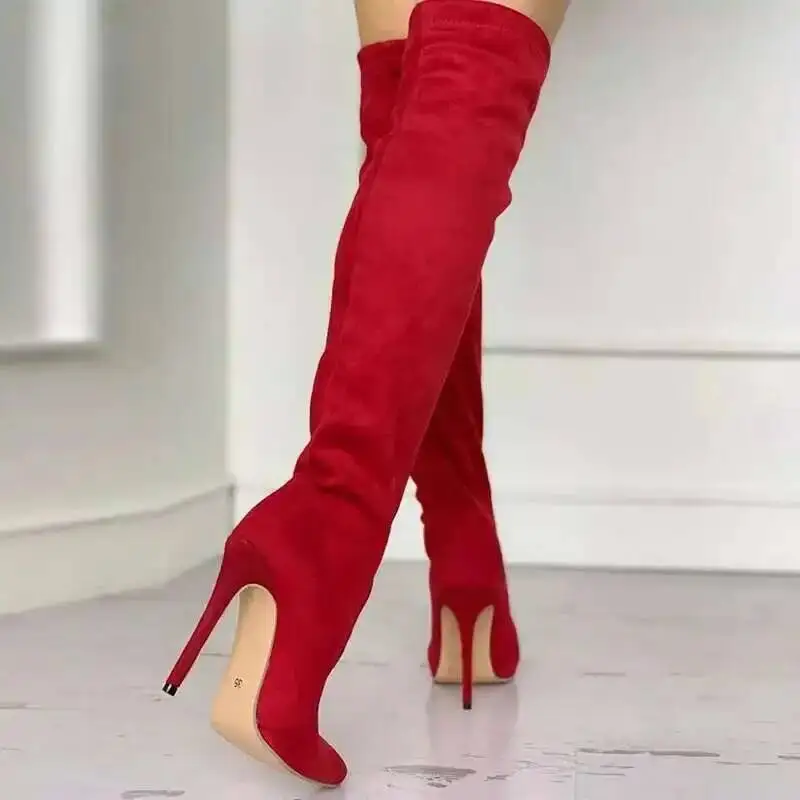 2025 Sexy High Heel Suede Pointy Boots Black Over The Knee Boots