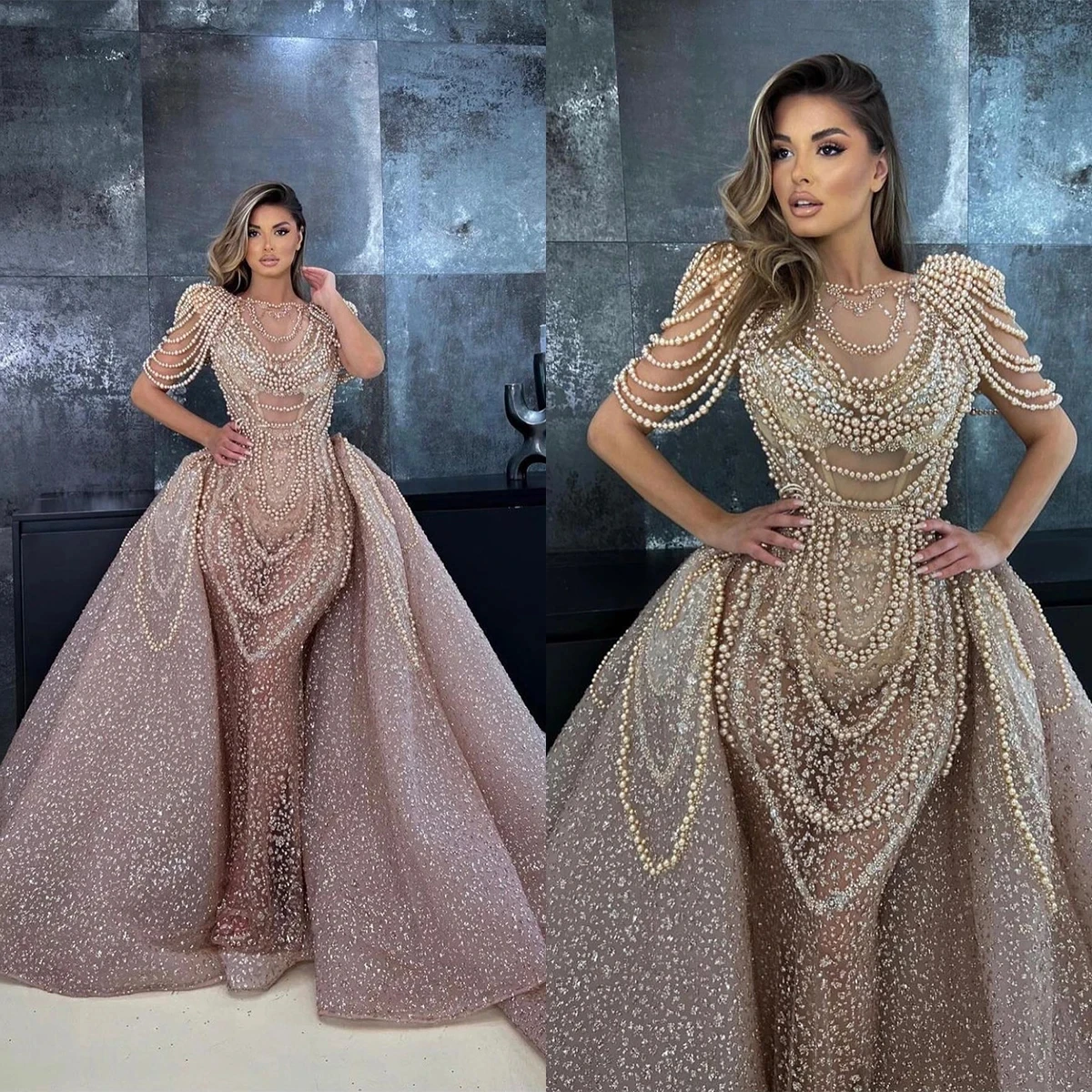 Charming Mermaid Prom Dresses with Detachable Train Pearls Tassel Beaded Illusion Evening Party Gowns Long Sleeves Customized