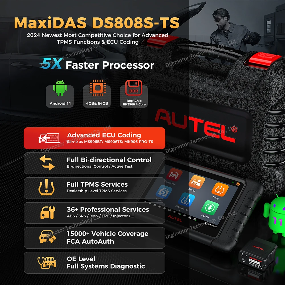 Autel MaxiDAS DS808S-TS Code Reader All-In-One TPMS Diagnostic Tool OBD2 Scanner, ECU Coding, Full TPMS Functions, Active Test