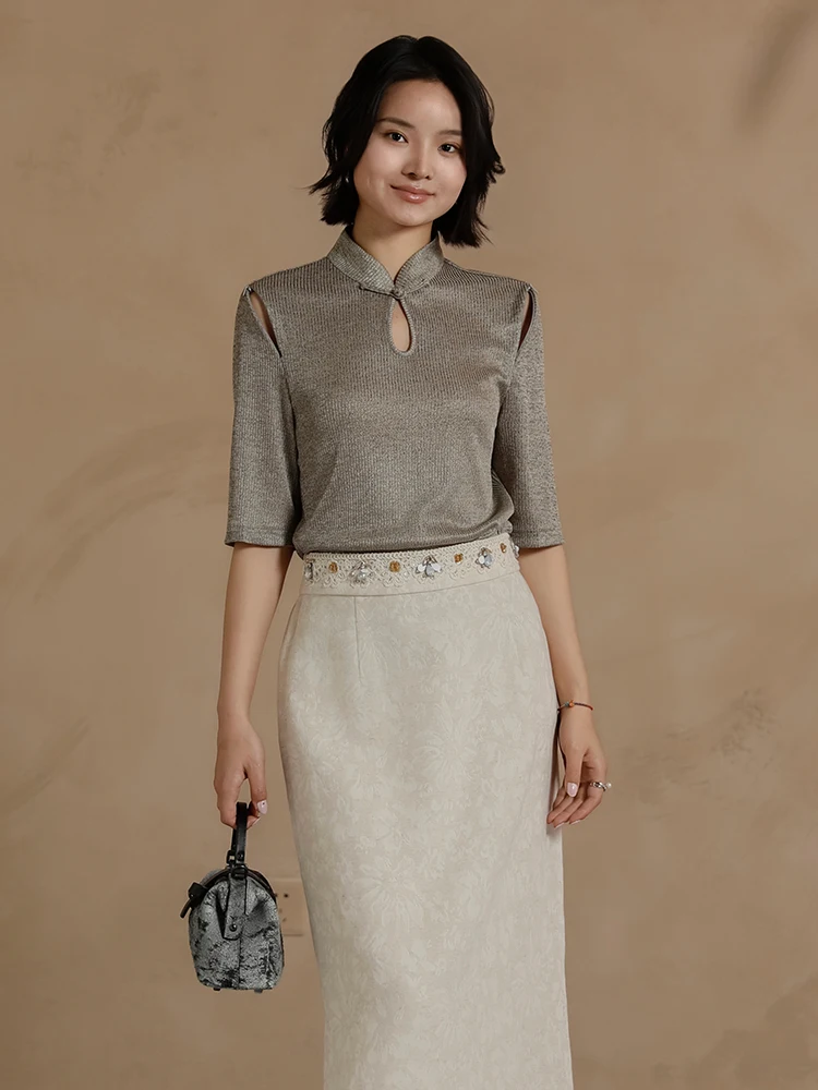 

Женская модная футболка Ele Gold с коротким рукавом в китайском стиле, простой дизайн, летняя новинка, полиэстер, спандекс