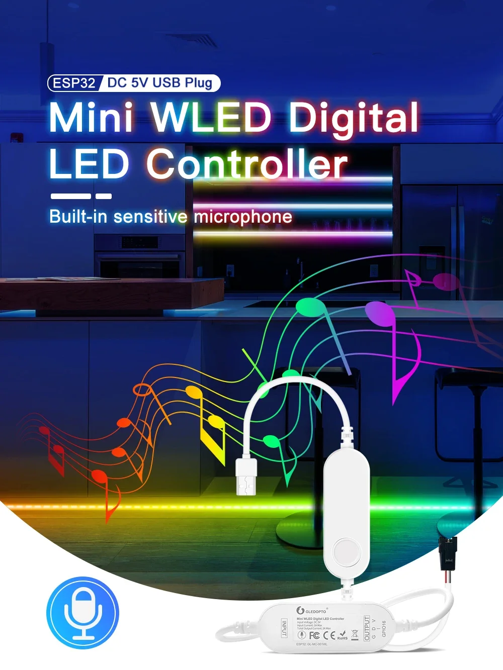 DC12-24V/5V USB ESP32/ESP8266 Mini LED Controller with Mic Sound Dynamic Wifi Controller WS2811 WS2812 SK6812 WS2815 Pixel Strip